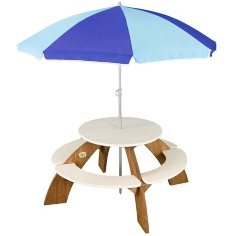 AXI Orion Table Pique Nique Enfant ronde en Bois marron & blanc | Table Picnic avec Parasol pour le jardin