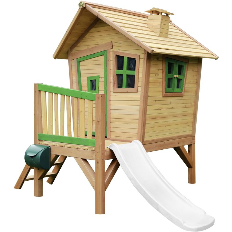 Robin Maison Enfant avec Toboggan Blanc Aire de Jeux pour l'extérieur en Marron & Vert Maisonnette / Cabane de Jeu en Bois fsc - AXI