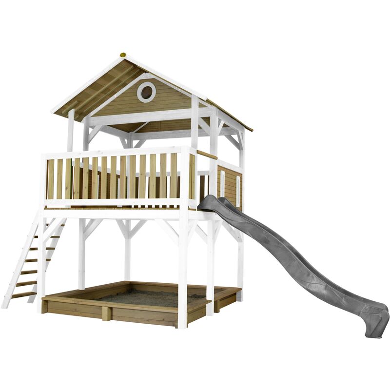 Simba Maison Enfant avec Bac à Sable & Toboggan gris | Aire de Jeux pour l'extérieur en marron & blanc | Maisonnette / Cabane de Jeu en Bois fsc