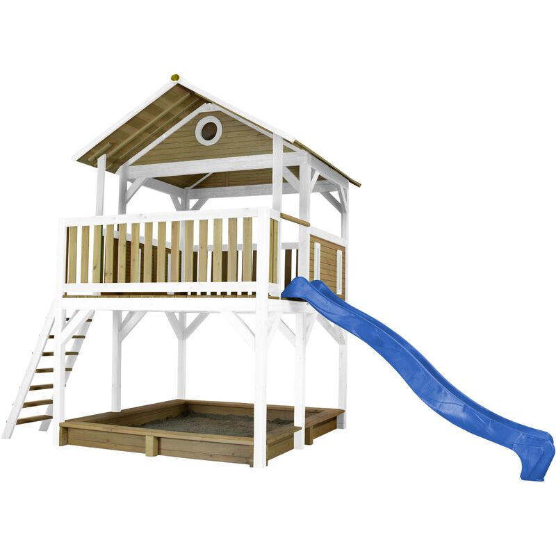 Simba Maison Enfant avec Sac à Sable & Toboggan Bleu | Aire de Jeux pour l'extérieur en marron & blanc | Maisonnette / Cabane de Jeu en Bois fsc