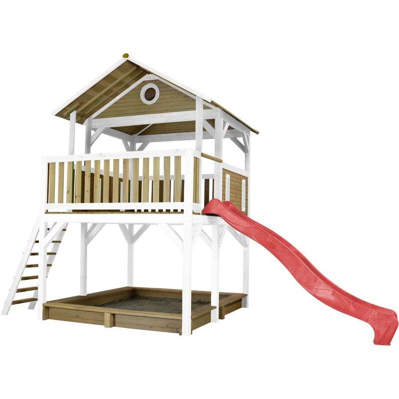 Simba Maison Enfant avec Sac à Sable & Toboggan Rouge | Aire de Jeux pour l'extérieur en marron & blanc | Maisonnette / Cabane de Jeu en Bois fsc