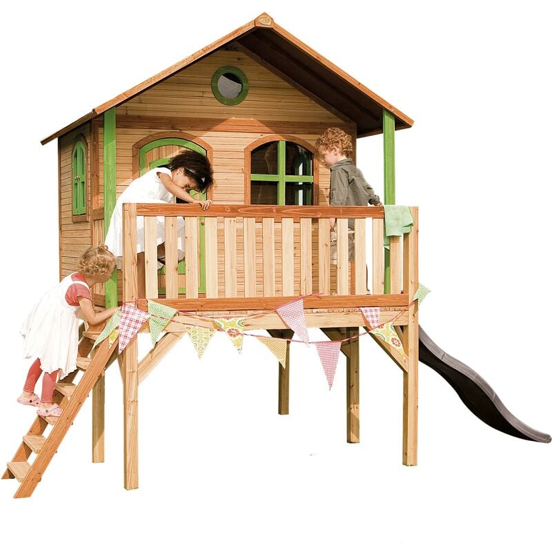 Sophie Maison Enfant avec Toboggan gris Aire de Jeux pour l'extérieur en marron & vert Maisonnette / Cabane de Jeu en Bois fsc - Gris - AXI