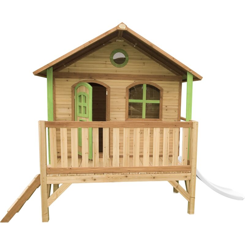 Stef Maison Enfant avec Toboggan Blanc Aire de Jeux pour l'extérieur en Marron & Vert Maisonnette / Cabane de Jeu en Bois fsc - AXI