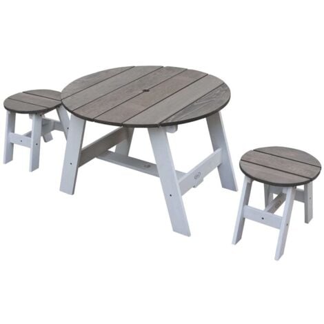 AXI Table de Pique Nique ronde pour enfants en bois | Table ronde enfant pour le jardin en Gris & Blanc avec 2 sièges