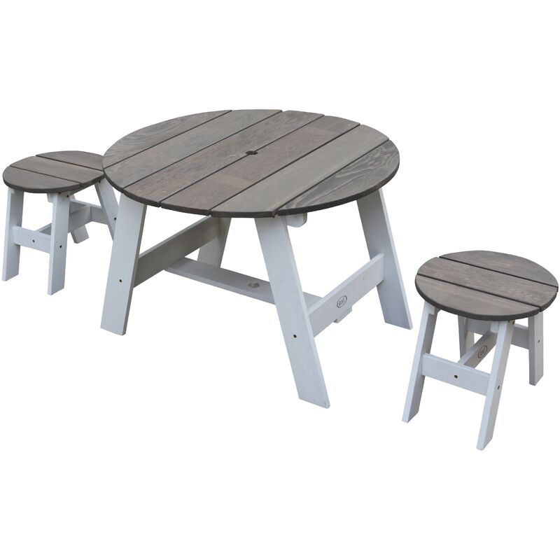 Table de Pique Nique ronde pour enfants en bois | Table ronde enfant pour le jardin en Gris & Blanc avec 2 sièges - Gris - AXI
