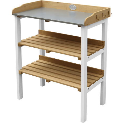 AXI – Table de rempotage en bois avec plan de travail en zinc – Etagère de rangement – Couleurs brun et blanc – Pour rempotage fleurs et plantes