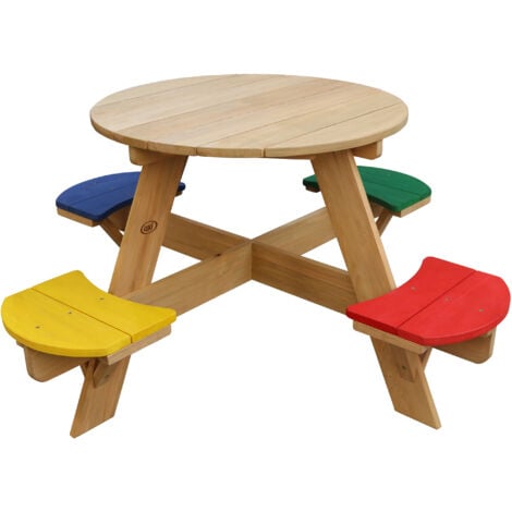 AXI UFO Table de Pique Nique ronde pour enfants en bois | Table ronde enfant pour le jardin multicouleur avec 4 sièges