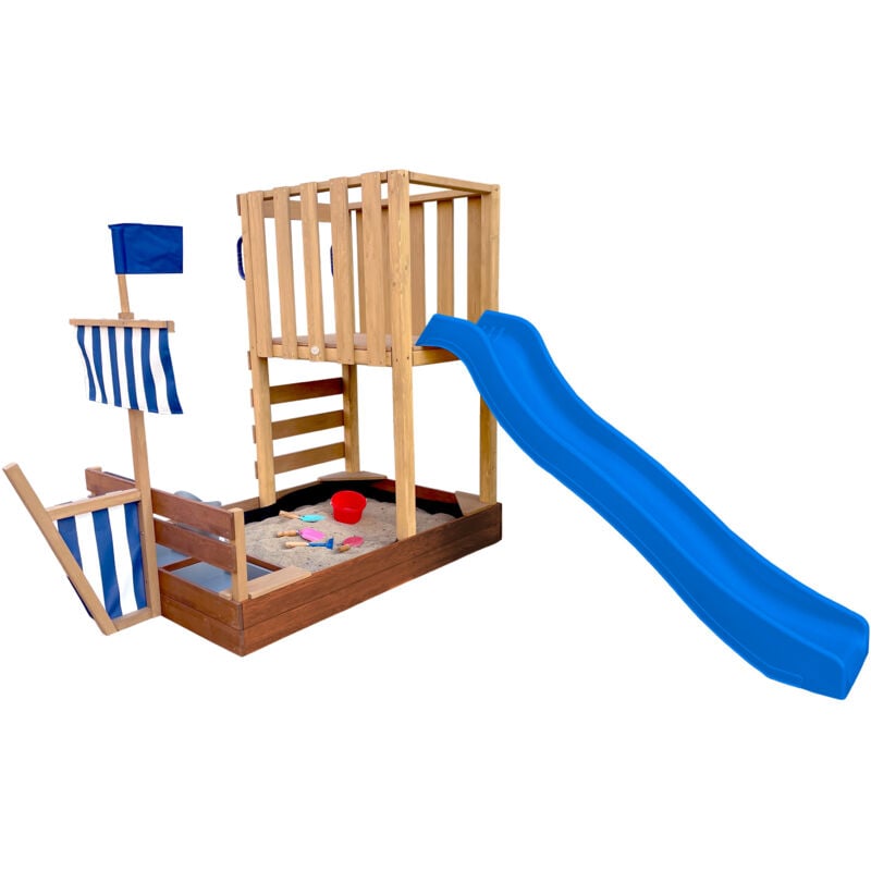 AXI - Vicky Aire de Jeux en Bois avec Toboggan Bleu / Aire de jeux extérieur, bac à sable, cuisine de jeu et tableau noir Jeux en Bois Extérieur