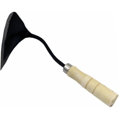 Azada forjada con cabeza triangular puntiaguda y cuello curvado. Herramienta manual de jardinería para desherbar, trasplantar y aflojar la tierra. Accesorio práctico para el jardín.