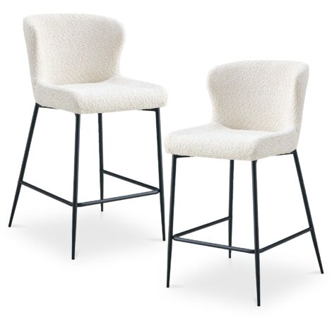 AZEL - Lot de 2 tabourets tissu bouclette blanc écru piètement métal noir