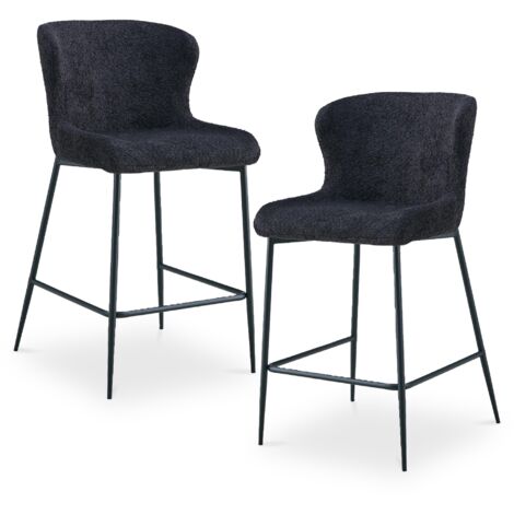 AZEL - Lot de 2 tabourets tissu bouclette gris anthracite piètement métal noir