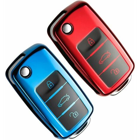 (Azul+Rojo) Funda para llave de coche de 2 piezas, funda para llave de VW Golf Skoda, funda para llave de asiento, funda de TPU para llave de coche de 3 botones