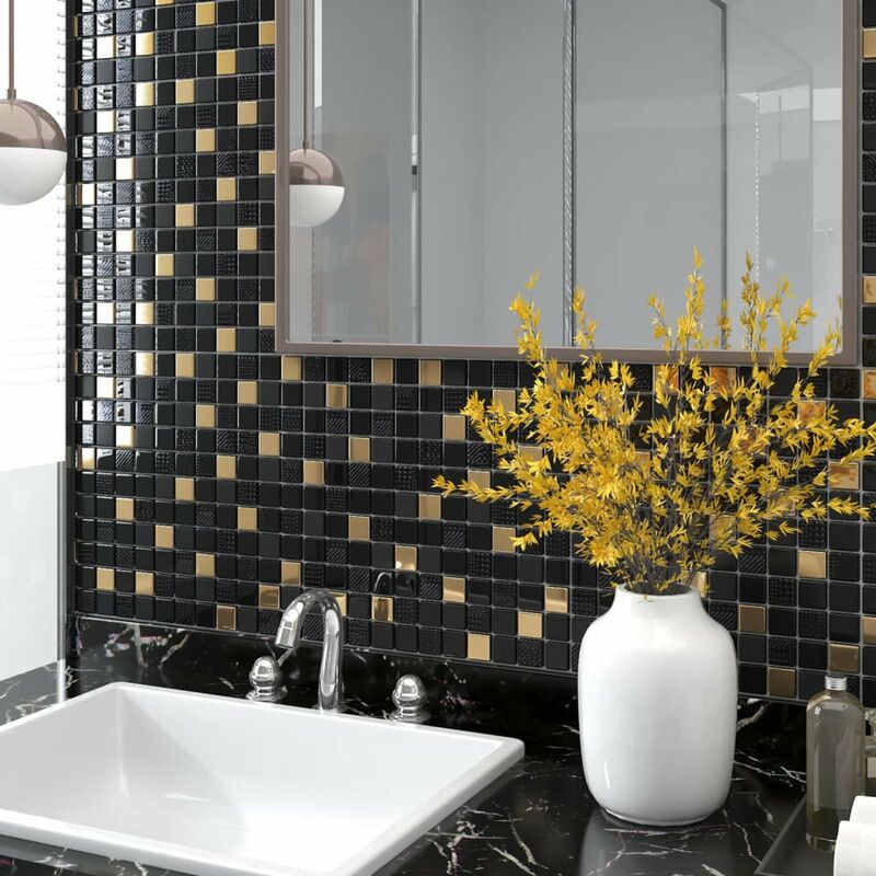 

Azulejo mosaico autoadhesivo 11 uds vidrio negro y oro 30x30 cm