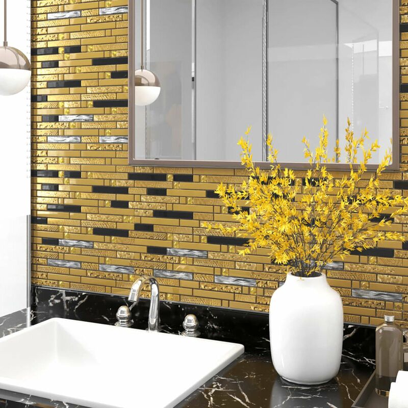 

Azulejo mosaico autoadhesivo 22 uds vidrio negro y oro 30x30 cm