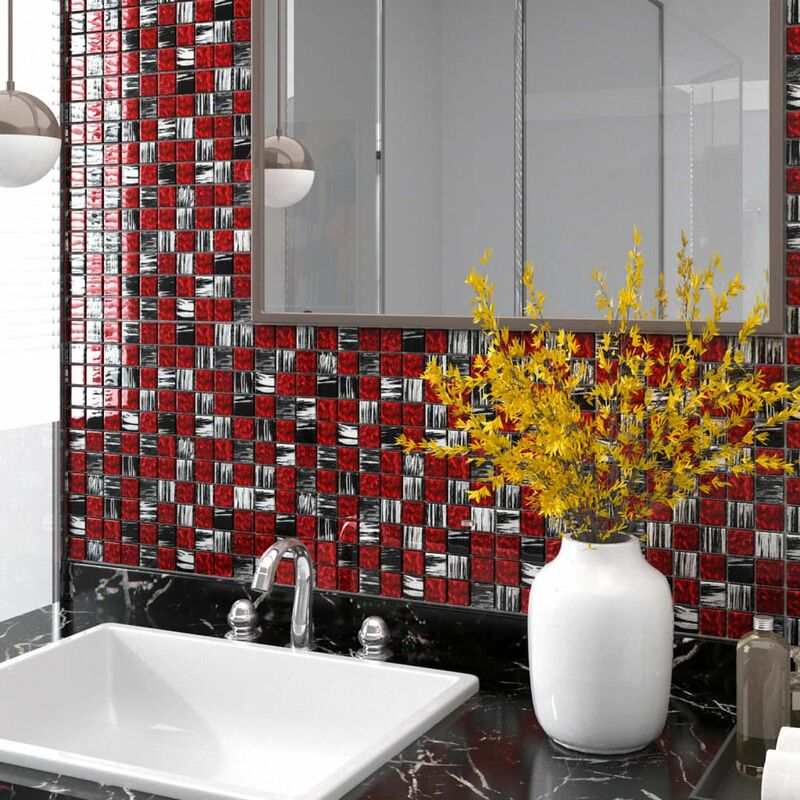 

Azulejos de mosaico 11 unidades vidrio negro y rojo 30x30 cm