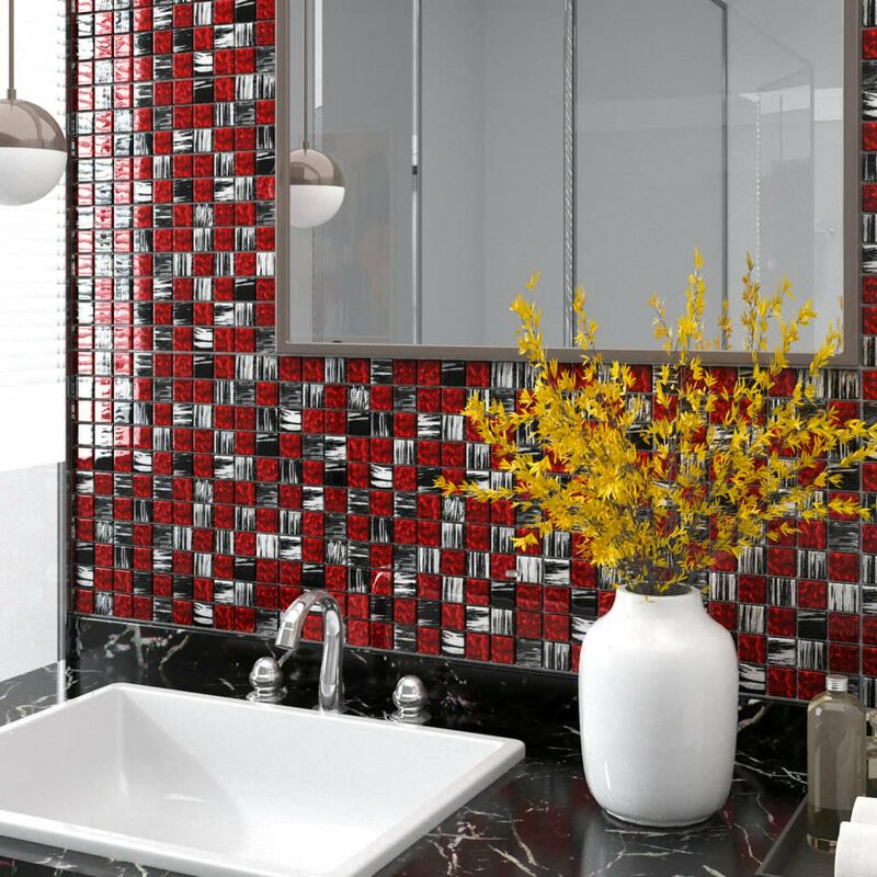 

Azulejos de mosaico 22 unidades vidrio negro y rojo 30x30 cm