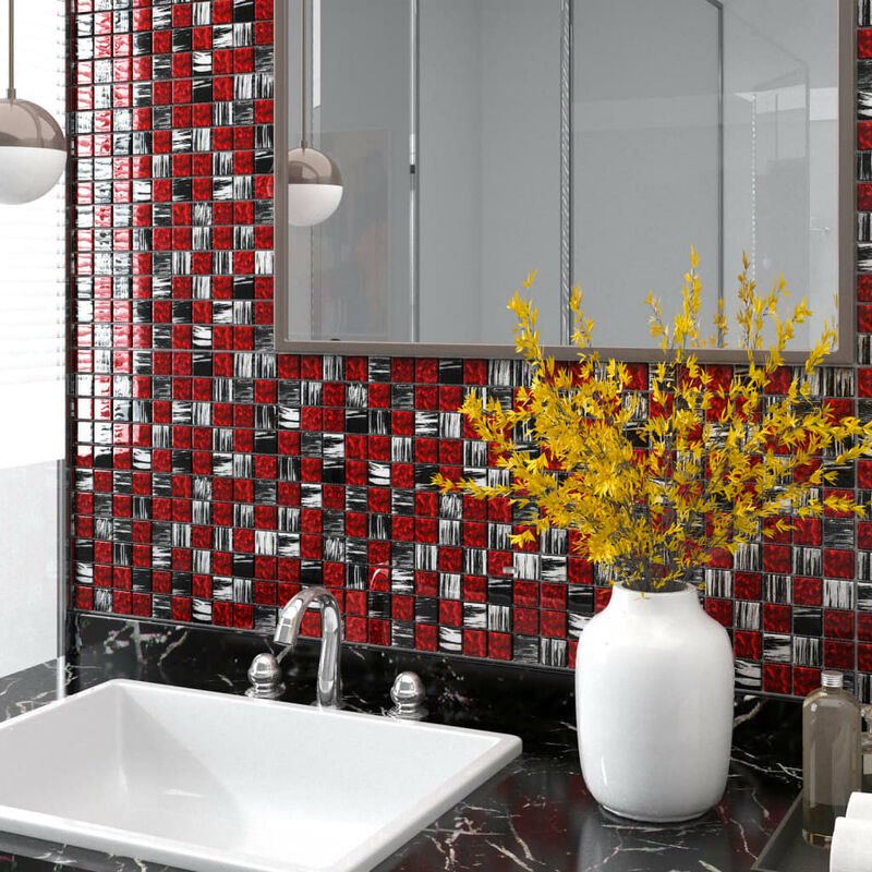 

Azulejos de mosaico 22 unidades vidrio negro y rojo 30x30 cm