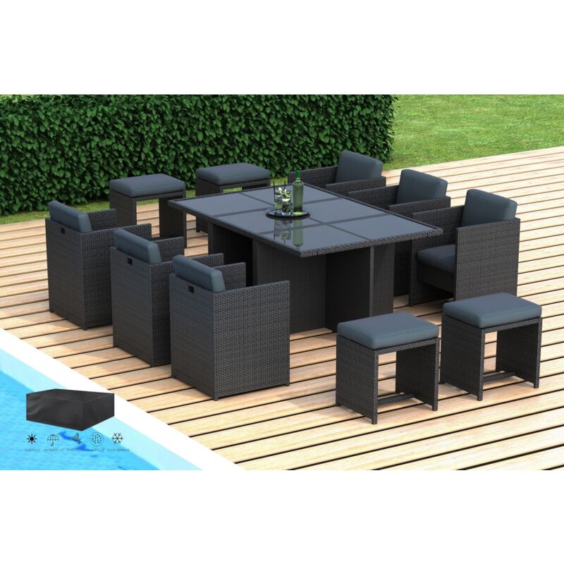 Hobag - azur - Salon de jardin encastrable 10 places - en résine tressée - Noir avec coussins gris - housse incluse qualite premium garantie