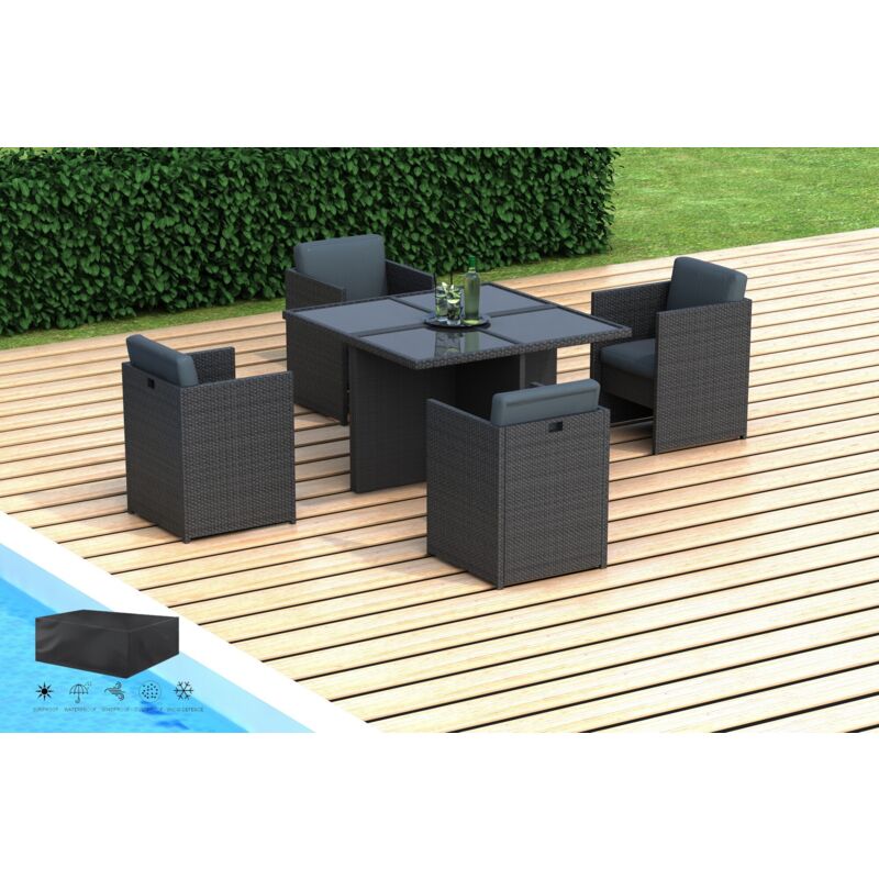 Hobag - azur - Salon de jardin encastrable 4 places - en résine tressée - Noir avec coussins gris - housse incluse qualite premium garantie