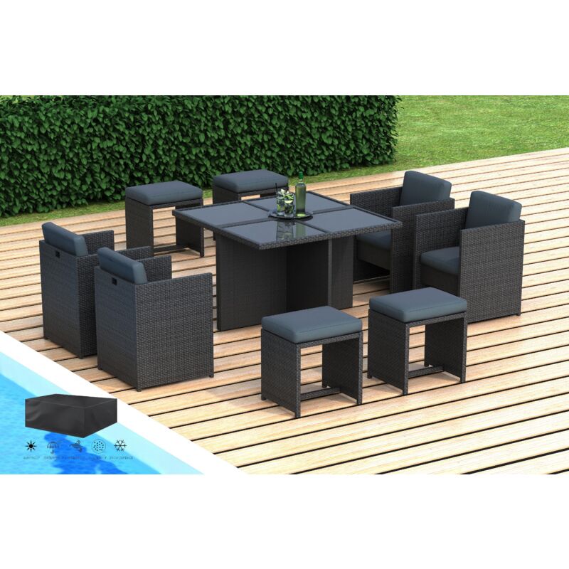 Hobag - azur - Salon de jardin encastrable 8 places - en résine tressée - Noir avec coussins gris - housse incluse qualite premium garantie