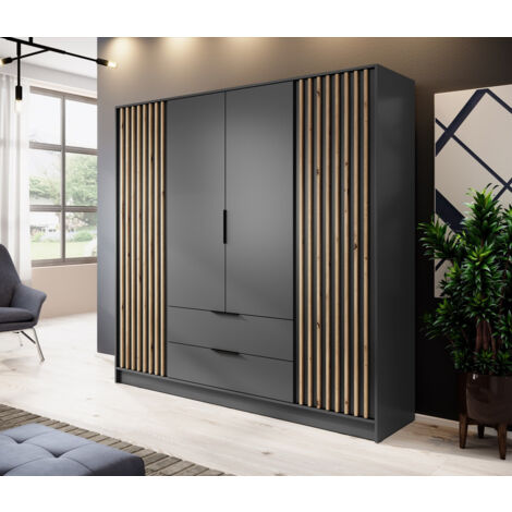 Azura Home Design – Armoire 4 portes anthracite 206 cm – Penderie spacieuse et tiroirs – Corps en panneau laminé 16 mm – Poignées en aluminium noir