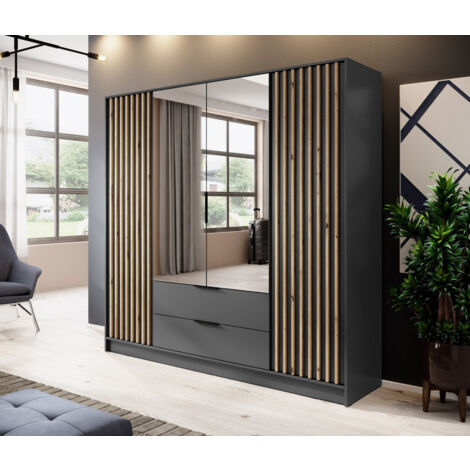 Azura Home Design – Armoire MELODIE 206 cm anthracite – 4 portes avec miroirs – Intérieur spacieux avec penderie et tiroirs – Finition élégante