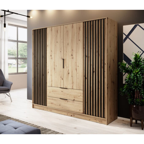 Azura Home Design – Armoire 4 portes chêne naturel 206 cm – Hauteur 200 cm – Profondeur 51 cm – Poignées aluminium noir – Rangement optimisé