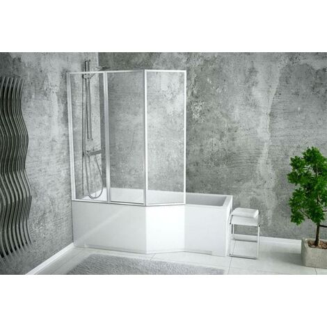 Azura Home Design – Baignoire asymétrique 150/170 cm x 75 cm – Pare baignoire pliable 3 volets – Acrylique blanc renforcé – Installation professionnelle recommandée