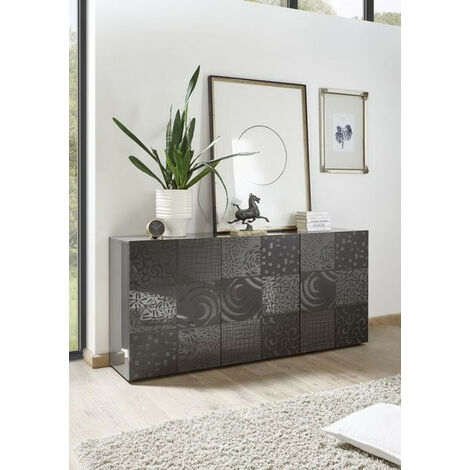 Azura Home Design – Buffet 3 portes MIREL anthracite 181 cm – Façade laquée avec motifs – Panneaux de particules 16/22 mm – Charnières et poignées métal