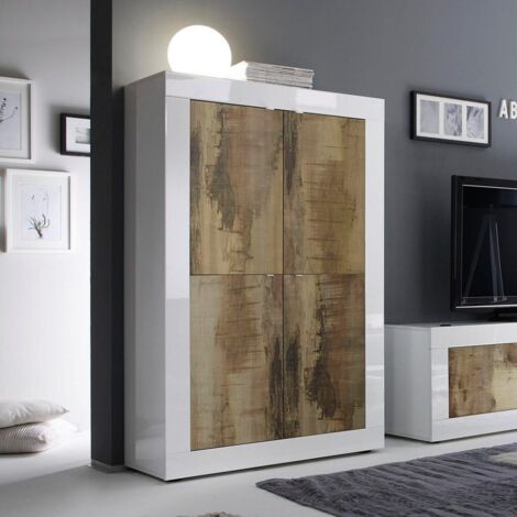 Azura Home Design – Buffet 4 portes BASIC finition blanc-chêne – Dimensions 102x43x162 cm – Panneaux de particules de qualité – Charnières en métal