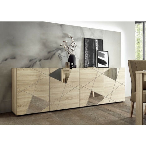 Azura Home Design – Buffet chêne Sonoma 241 x 84 x 42 cm – Épaisseur 16 mm – Portes sérigraphiées avec miroir – Charnières et guides en métal