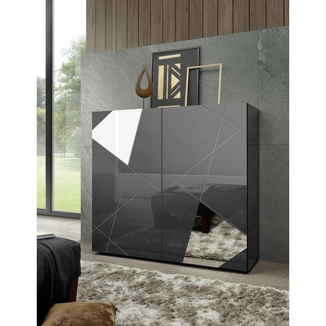 Azura Home Design – Buffet haut gris anthracite laqué 121x111x42 cm – Charnières en métal – Détails miroir sur portes – Fabrication italienne