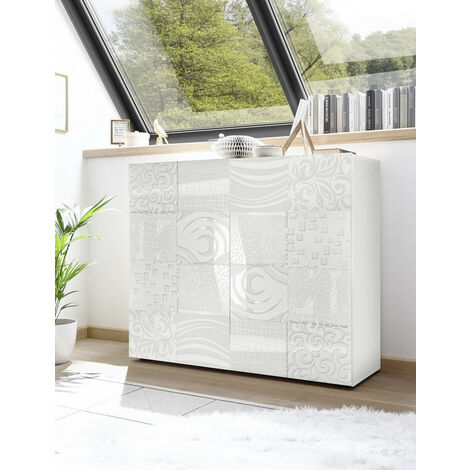 Azura Home Design – Buffet haut MIREL 2 portes en blanc 121 cm – Façade laquée avec motifs – Panneaux de particules 16 mm – Charnières et poignées en métal