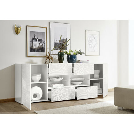 Azura Home Design – Buffet MIREL blanc 2 portes 4 tiroirs 241 x 84 x 42 cm – Panneaux de particules 16 mm – Finition laquée élégante