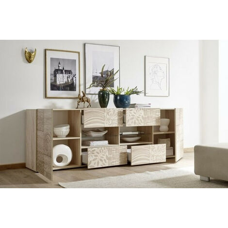 Azura Home Design – Buffet MIREL chêne 241 cm – 2 portes – 4 tiroirs – Panneaux de particules 16/22 mm – Finition laquée – Charnières métal