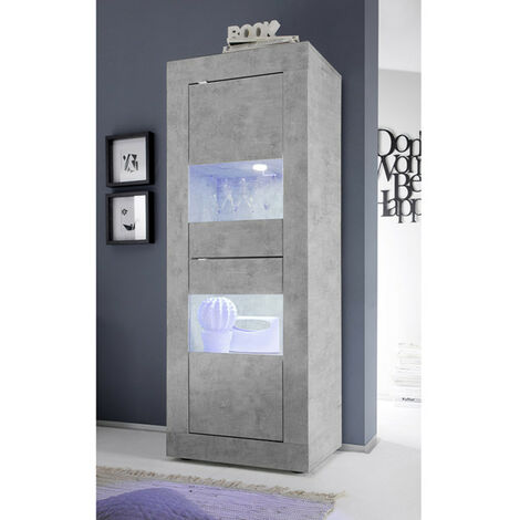 Azura Home Design – Colonne-vitrine 2 portes finition béton 61x162 cm – 3 étagères en MDF – Meuble design pour salle à manger ou salon