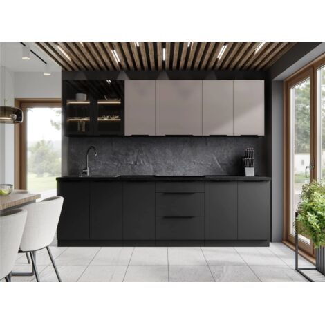 Azura Home Design – Cuisine complète Siena II 260 cm – Noir mat et beige – 4 meubles hauts et 4 meubles bas – Panneau stratifié 16mm avec chant ABS