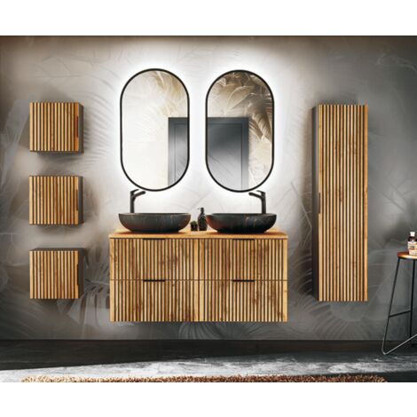Azura Home Design – Ensemble de meubles de salle de bain avec double vasque céramique – Largeur 120 cm – Finition bois Wotan – Miroirs LED Apollo