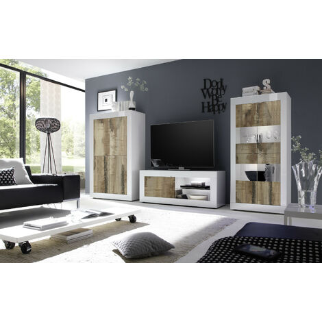 Azura Home Design – Ensemble de meubles de salon blanc chêne péro – Dimensions Meuble TV 140x56x43 cm – Fabrication italienne – Étagères modulables