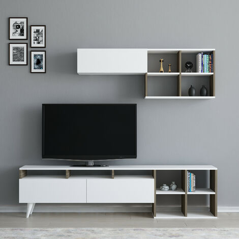 Azura Home Design – Ensemble meuble TV 180cm blanc et noyer – Panneaux de particules de première classe – Design moderne pour salon – Rangement pratique