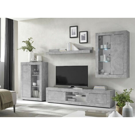 Azura Home Design – Ensemble meuble TV béton 184 cm – Design contemporain avec étagères – Poignées métal laqué blanc – Dimensions 184x43x42 cm