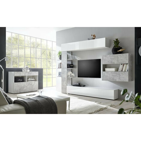 Azura Home Design – Ensemble meuble TV béton 295 cm – Design moderne avec rangements – Structures en aggloméré 16 mm – Façades en aggloméré 22 mm