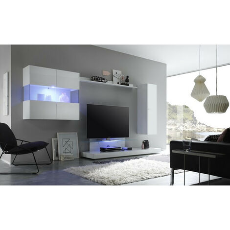Azura Home Design – Ensemble meuble TV blanc laqué 340 cm – Vitrine suspendue avec portes en verre trempé – Structure en aggloméré 16 mm – Design chic et moderne