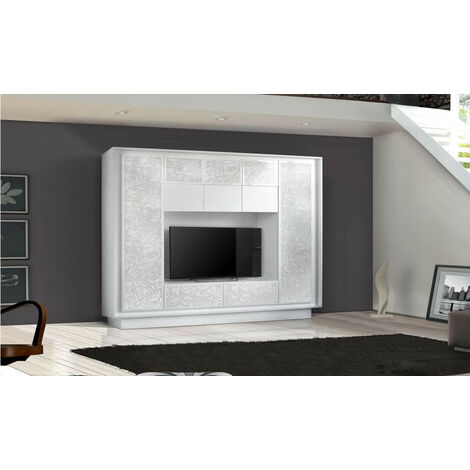 Azura Home Design – Ensemble meuble TV COLGAR Flor blanc sérigraphié 240 cm – Structure en aggloméré 16 mm – Système de fermeture douce – Design moderne