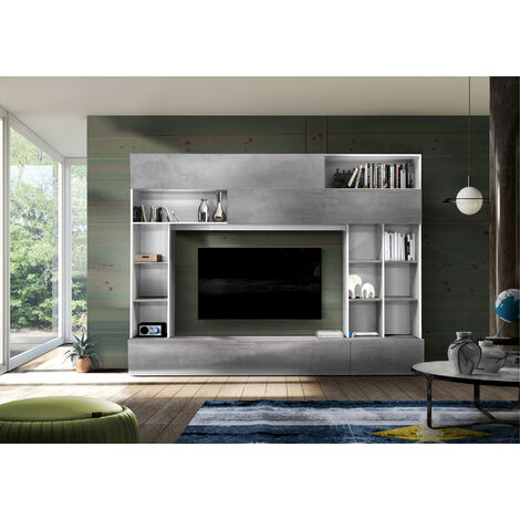 Azura Home Design – Ensemble meuble TV contemporain 277 cm – Structures en aggloméré 16 mm – Façades en aggloméré 22 mm – Charnières en métal – Blanc/Béton