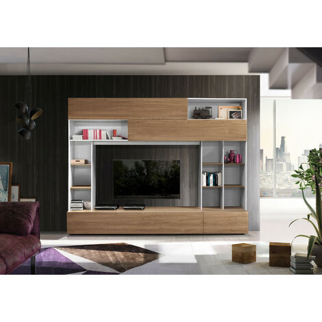 Azura Home Design – Ensemble meuble TV GEORGIO 277 cm – Structure aggloméré 16 mm – Façades en aggloméré 22 mm – Charnières métal – Blanc/Noyer STELVIO