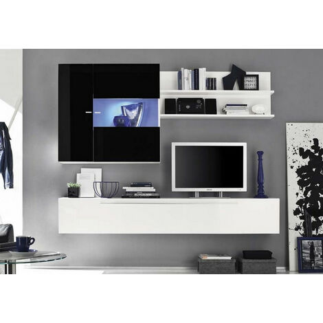 Azura Home Design – Ensemble meuble TV suspendu 210 cm – Finition brillante noir et blanc – Verre trempé – Charnières en métal – Fabrication italienne