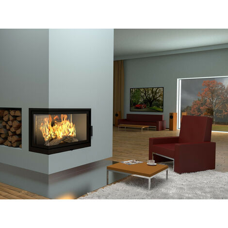 Azura Home Design – Insert cheminée d'angle 17 kW – Efficacité 71% – Diamètre conduit 198 mm – Pour bûches jusqu'à 500 mm – Poids 120 kg