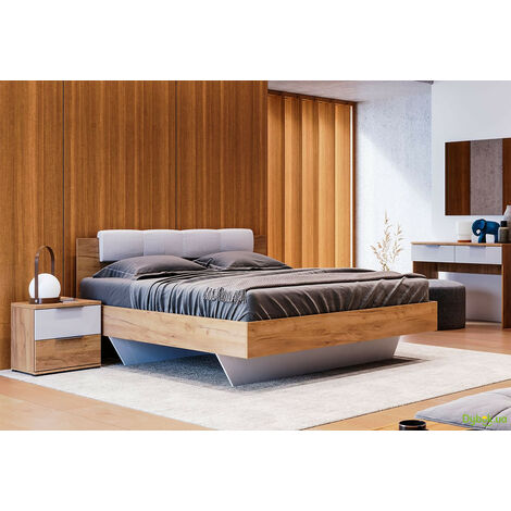 Azura Home Design – Lit ASTO 160x200 cm – Mélaminé haute densité blanc laqué et chêne clair – Chevets avec 2 tiroirs design moderne