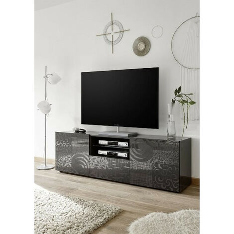 Azura Home Design – Meuble TV MIREL anthracite 181x57x42 cm – 2 portes – 1 tiroir – Façade laquée – Fabrication italienne